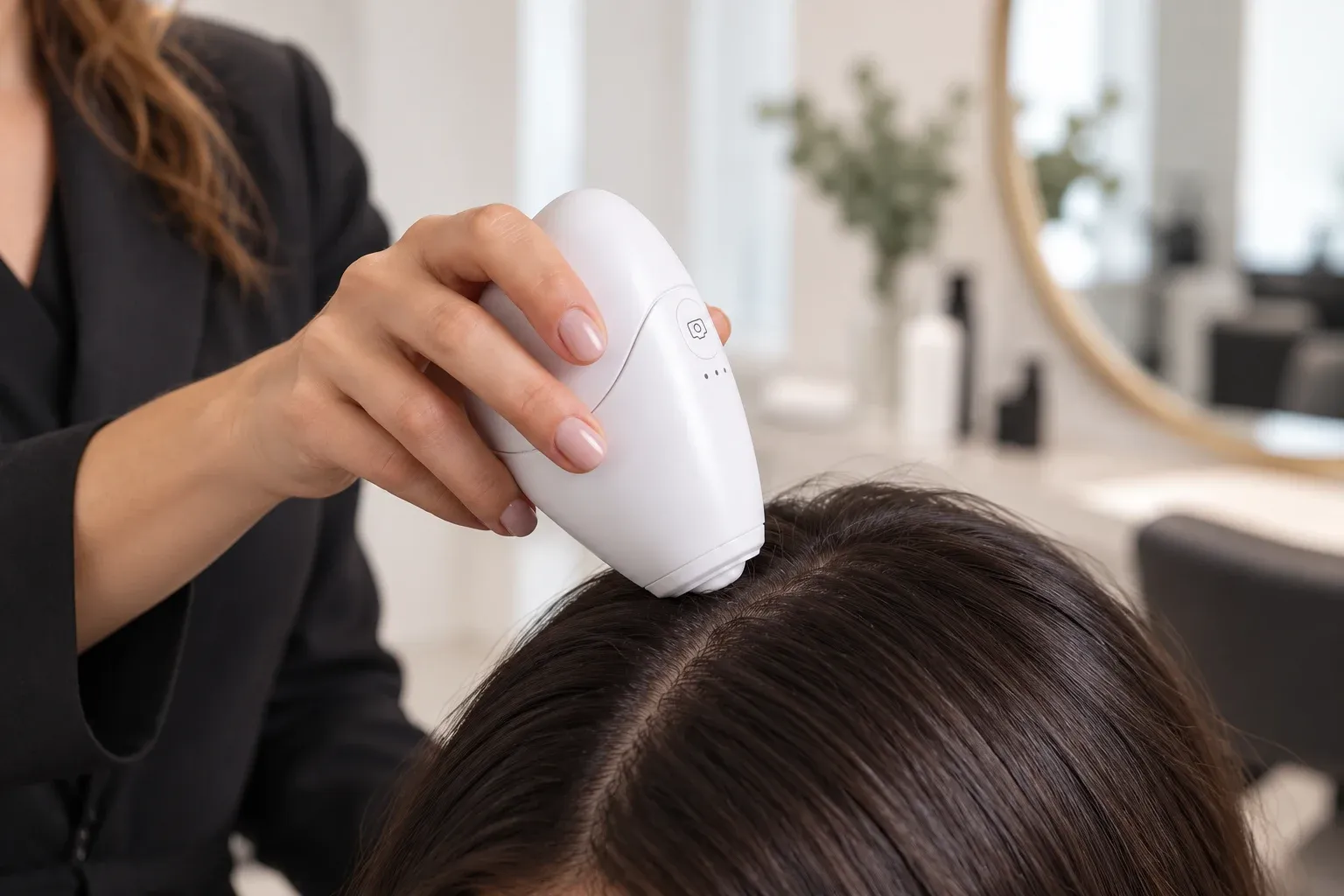 Illustration of a hairstylist using the Valid'Or scanner during a salon consultation